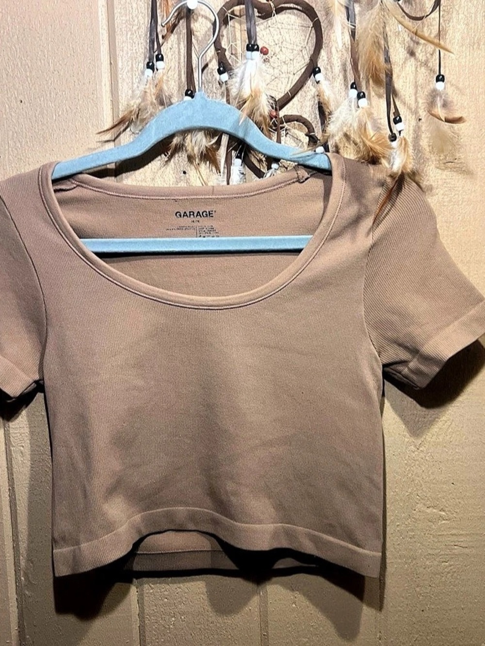 Garage Ribbed Short Sleeve Crop Top Brown Size Medium/large